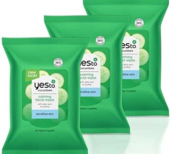 Yes To Face Wipes for Women and Men, Sensitive Facial Cleansing Wipes for use as a MakeUp Remover, Cleaning, Soothing, Cucumbers (Pack of 3)