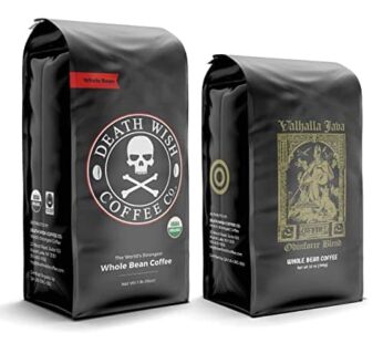 Death Wish Coffee Co. Whole Beans – Extra Kick of Caffeine – 1 lb & Valhalla Java Odinforce Blend 12 oz – Whole Bean Coffee Bundle/Bulk – USDA Certifi