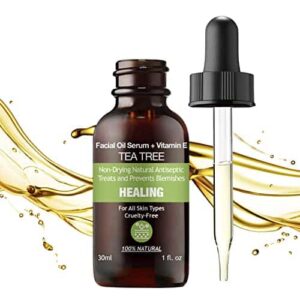 100% NATURAL TEA TREE OIL Vegan Facial Serum for Sensitive Oily Skin Acne Prone with Vitamin E Jojoba Oil Gua Sha 30ml Glass skin Clear Care Non-Greas - Image 1