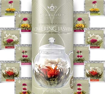 Teabloom Jasmine Flowering Tea ? Hand Tied Green Tea Leaves + Jasmine Blossoms Flowering Tea Creations ? Blooming Tea Gift Set ? 12-Pack, 36 Steeps, M