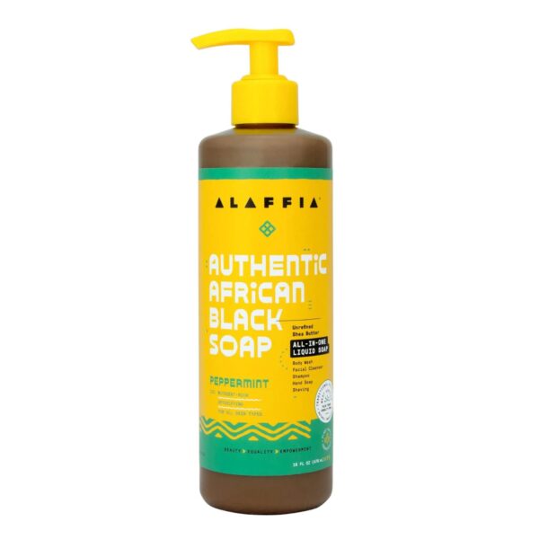 Alaffia Skin Care, Authentic African Black Soap, All in One Body Wash, Face Wash, Shampoo & Shaving Soap with Fair Trade Shea Butter, Peppermint, 16 F