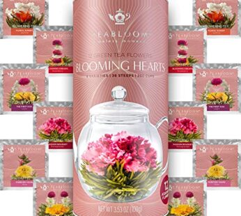 Teabloom Heart-Shaped Flowering Teas ? 12 Assorted Blooming Tea Flowers ? Green Tea + Jasmine, Pomegranate, Strawberry, Rose, Litchi & Peach