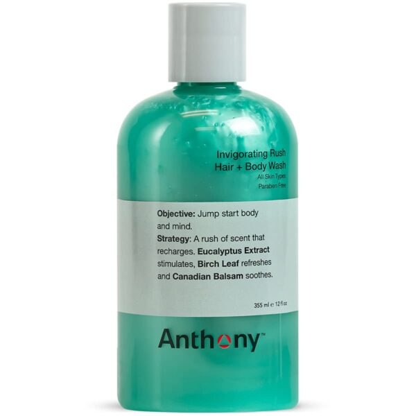 Anthony Mens Body Wash and Shampoo: Invigorating Rush 2-In-1 Liquid Gel Soap & Hair Shampoo ? Pine Wood Scent Contains Eucalyptus Extract, Canadian Ba