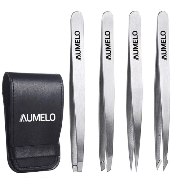 Tweezers Set 4-Piece Professional Stainless Steel Tweezers Gift with Travel Case by Aumelo - Best Precision Eyebrow and Splinter Ingrown Hair Removal