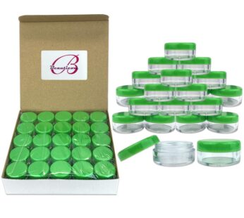 Beauticom (Quantity: 100 Pieces) 5G/5ML Round Clear Jars with GREEN Lids for Scrubs, Oils, Toner, Salves, Creams, Lotions, Makeup Samples, Lip Balms