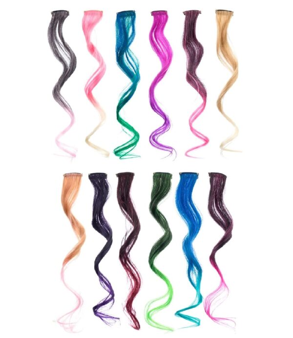 SWACC 12 Pcs Curly Wavy One Color Party Highlights Clip on in Hair Extensions Colored Hair Streak Synthetic Hairpieces (Ombre 12 Colors)