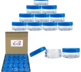 Beauticom (Quantity: 50 Pieces) 5G/5ML Round Clear Jars with Blue Lids for Scrubs, Oils, Toner, Salves, Creams, Lotions, Makeup Samples, Lip Balms