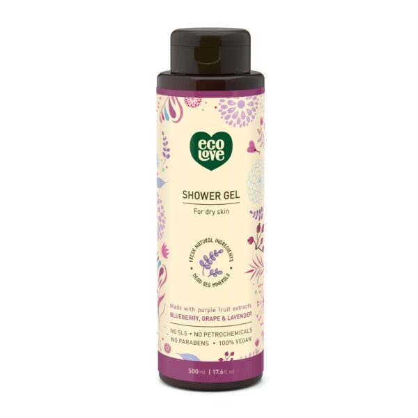 ecoLove - Natural Moisturizing Body Wash for Dry Skin - Organic Blueberry, Grape & Lavender - No SLS or Parabens - Vegan and Cruelty-Free Shower Gel,