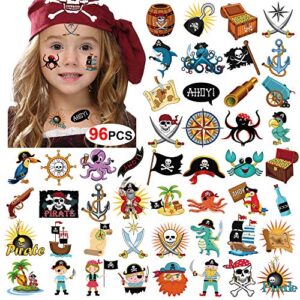 Pirate Tattoos(96Pcs), Konsait Pirate Temporary Tattoo Fake Neverland Pirated Cannon Powder Jake Captain Tattoo Body Sticker for Pirate Birthday Party - Image 1