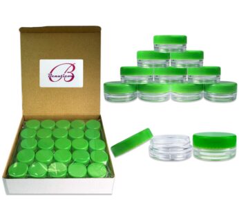Beauticom (50 Pieces Jars + Lid) 3G/3ML Round Clear Jars with GREEN Screw Cap Lids for Scrubs, Oils, Toner, Salves, Creams, Lotions, Makeup Samples, L