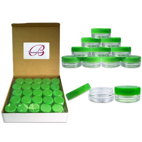 Beauticom (50 Pieces Jars + Lid) 3G/3ML Round Clear Jars with GREEN Screw Cap Lids for Scrubs, Oils, Toner, Salves, Creams, Lotions, Makeup Samples, L