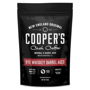 Rye Whiskey Barrel Aged Coffee, Single-Origin Ethiopian Beans Aged in Rye Whiskey Barrels, Medium Light Roast Whole Bean, 12 oz - Image 1