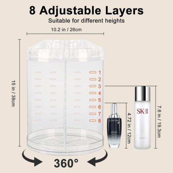 AMEITECH Makeup Organizer, 360 Degree Rotating Adjustable Cosmetic Storage Display Case with 8 Layers Large Capacity, Fits Jewelry, Makeup Brushes, Li - Image 3