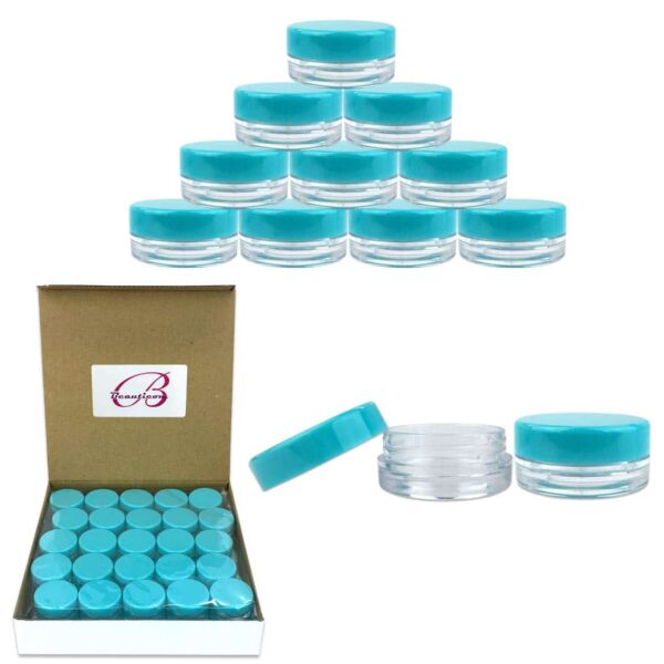 Beauticom 3g/3ml (0.1 Fl Oz) Round Clear Plastic Jars with Round Top Lids for Creams, Lotions, Make Up, Powders, Glitters, and more... (Color: Teal Li
