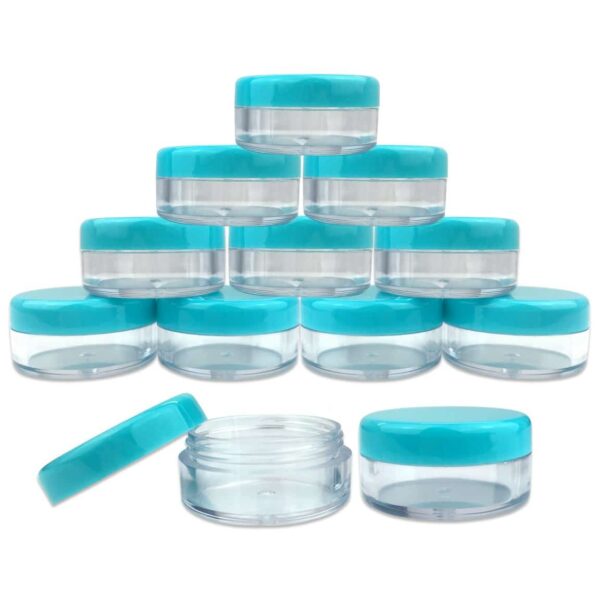 Beauticom (Quantity: 100 Pieces) 5G/5ML Round Clear Jars with Teal Sky Blue Lids for Scrubs, Oils, Toner, Salves, Creams, Lotions, Makeup Samples, Lip - Image 2