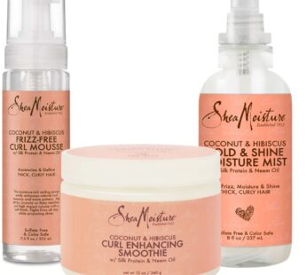 Shea Moisture Curly Hair Products, Coconut & Hibiscus Bundle Includes Frizz Free Curl Mousse 7.5 Fl Oz, Curl Enhancing Smoothie 12 Oz, Hold & Shine Mo