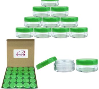 (Quantity: 50 Pieces) Beauticom 5G/5ML Round Clear Jars with GREEN Lids for Scrubs, Oils, Toner, Salves, Creams, Lotions, Makeup Samples, Lip Balms
