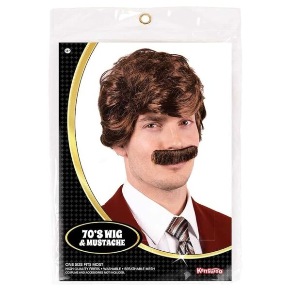 Kangaroo Costume 70?s Wig and Mustache - Brown Wig for Ron Burgundy Costume - Mens Wig - Fun Halloween Costumes or 70s Theme Party - Image 2