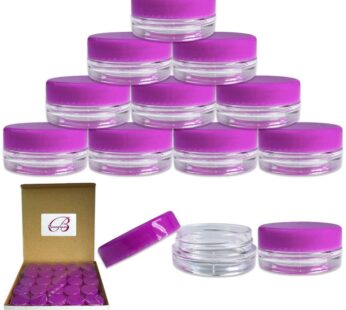 (Quantity: 50 Pieces) Beauticom 3G/3ML Round Clear Jars with PURPLE Lids for Scrubs, Oils, Toner, Salves, Creams, Lotions, Makeup Samples, Lip Balms –