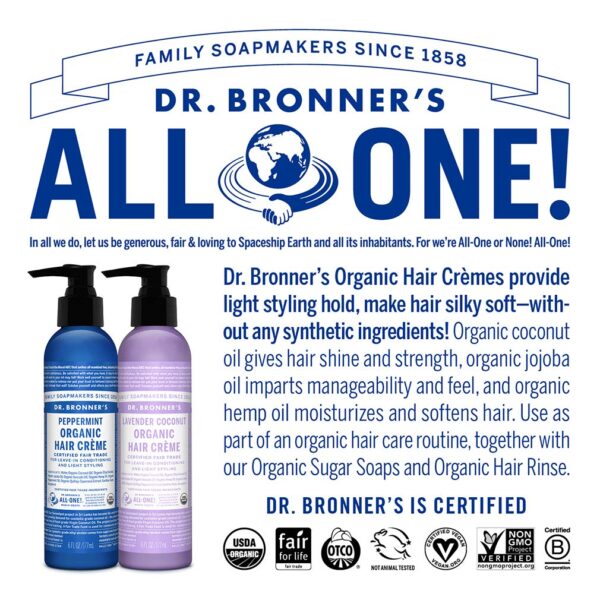 Dr. Bronner's - Organic Hair Cr?me (Peppermint, 6 Ounce, 2-Pack) - Leave-In Conditioner and Styling Cream, Made with Organic Oils, Hair Cream Supports - Image 5