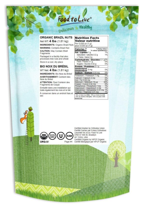 Food to Live - Organic Brazil Nuts, 4 Pounds Non-GMO, Raw, Whole, No Shell, Unsalted, Kosher, Vegan, Keto, Paleo Friendly, Bulk, Trail Mix Snack, Good - Image 2