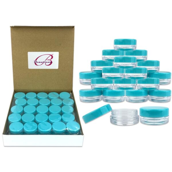 (100 Pieces Jars + Lid) Beauticom 3G/3ML Round Clear Jars with Teal Sky Blue Screw Cap Lids for Scrubs, Oils, Toner, Salves, Creams, Lotions, Makeup S