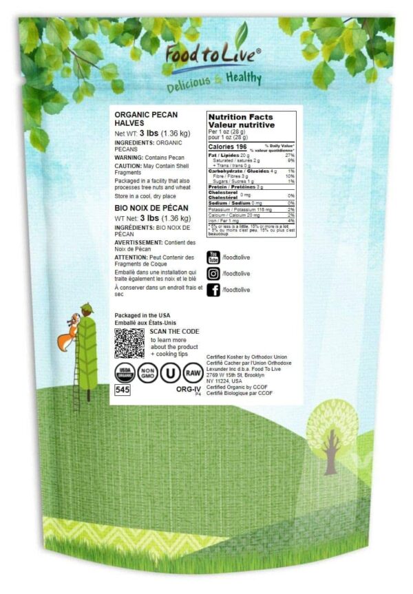 Food to Live Organic Pecan Halves, 3 Pounds ? Non-GMO, Kosher, Raw Pecan Nuts, Unsalted, Vegan, Kosher, Shelled, Sirtfood, Bulk. Good source of Calciu - Image 2