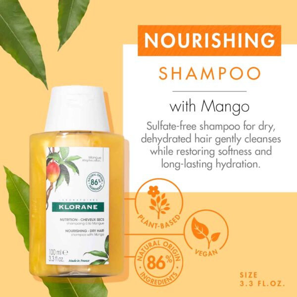 Klorane Nourishing Shampoo With Mango Butter, Moisturize and Hydrate Dry Hair, Paraben, Silicone, Sls Free, Travel Size, 3.3 Fl Oz (Pack of 1) - Image 2