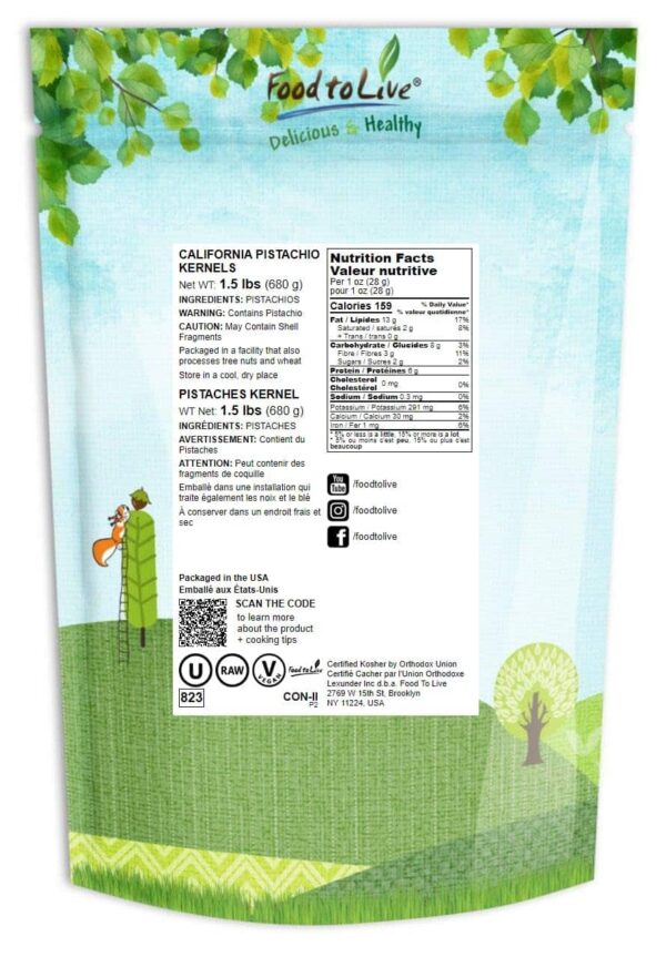 Food to Live No Shell Pistachios, 1.5 Pounds ? Unsalted, Kernels, Sirtfood, Bulk. Pistachios Individual Packs. Wonderful Keto and Paleo Snack - Image 2