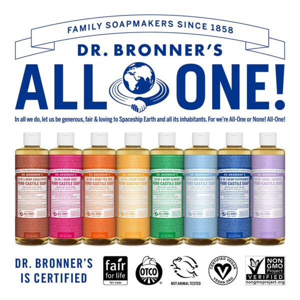 Dr. Bronner's - Pure-Castile Liquid Soap (4 Ounce Variety Pack) Peppermint, Lavender, Tea Tree, Eucalyptus, Almond - Made with Organic Oils, 18-in-1 U - Image 6
