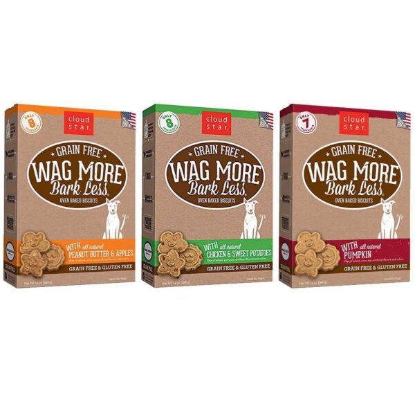 Cloud Star Wag More Bark Less Grain Free 14 Ounce Oven Baked Biscuits, 3 Pack Bundle (Chicken and Sweet Potatoes, Peanut Butter and Apples, and Pumpki