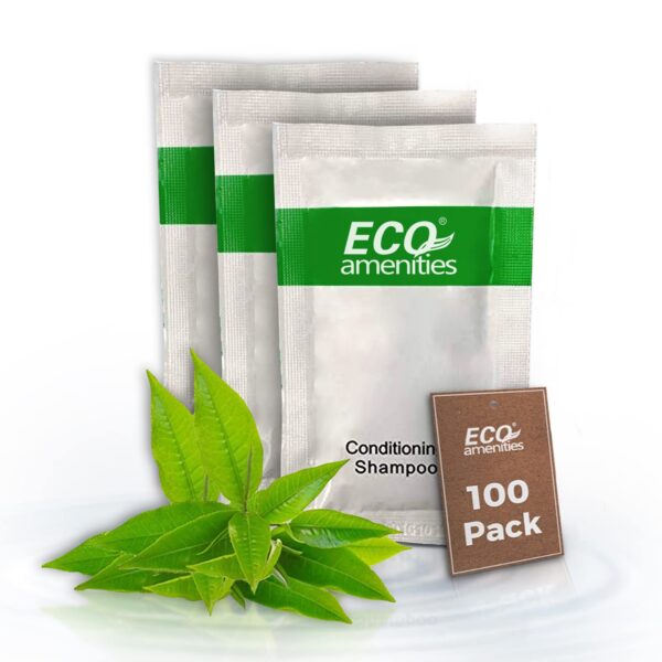 ECO Sachet Individually Wrapped Toiletries, Travel Size Bulk Shampoo and Conditioner 2in1 10ml (100 pk) Mini Hotel Toiletries Conditioning Shampoo 2in