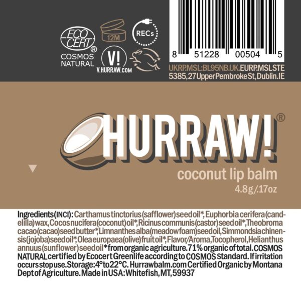 Hurraw! Coconut Lip Balm: Organic, Certified Vegan, Cruelty and Gluten Free. Non-GMO, 100% Natural Ingredients. Bee, Shea, Soy and Palm Free. Made in USA - Image 6