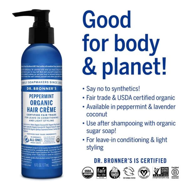 Dr. Bronner's - Organic Hair Cr?me (Peppermint, 6 Ounce, 2-Pack) - Leave-In Conditioner and Styling Cream, Made with Organic Oils, Hair Cream Supports - Image 4