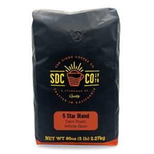 San Diego Coffee 5 Star Blend, Dark Roast, Whole Bean Coffee, 5-Pound Bag Caf? en grano tostado - Image 1