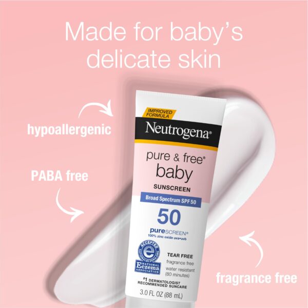 Neutrogena Pure & Free Baby Mineral Sunscreen Lotion with Broad Spectrum SPF 50 & Zinc Oxide, Water-Resistant, Hypoallergenic & Tear-Free Baby Sunscre - Image 3