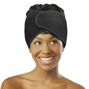 DONNA DELUXE FOAM MESH WRAP OLIVE + VITAMIN E TREATED, Curly Hair Care Essentials Face Wash, Makeup, and Headband for Women, 1PC BLACK COLOR - Image 1