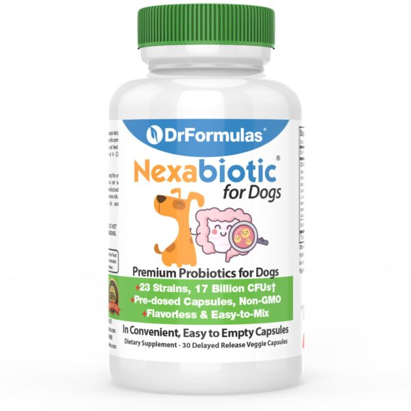 DrFormulas Probiotics for Dogs & Puppies Pets Diarrhea Treatment | Flavorless, Pre-dosed, 23 Premium Nexabiotic Probiotic for Pets with Saccharomyces