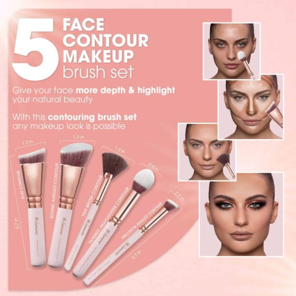 Pro Face Contour Brush Set - Synthetic Contouring Sculpting and Highlighting Kit - Cream Blush Powder Flat Nose Cheek Round Small Angled Fan Tapered P - Image 3