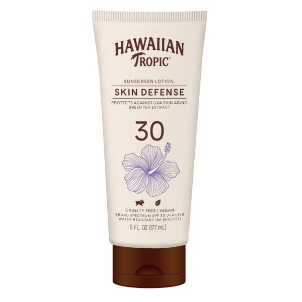 Hawaiian Tropic Skin Defense Sunscreen Lotion SPF 30, 6oz | SPF 30 Sunscreen Lotion with Green Tea Extract, Sunscreen Body Lotion, Oxybenzone Free Sun