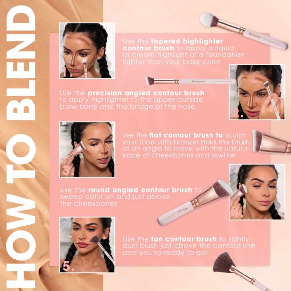 Pro Face Contour Brush Set - Synthetic Contouring Sculpting and Highlighting Kit - Cream Blush Powder Flat Nose Cheek Round Small Angled Fan Tapered P - Image 8