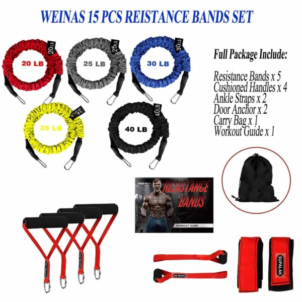 Resistance Bands, 15 Pieces Exercise Elastic Bands Set, 20lbs to 40lbs Resistance Tubes with Heavy Duty Protective Nylon Sleeves Anti-Snap for Fitness - Image 8