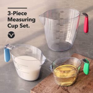 Vremi 3 Piece Plastic Measuring Cups Set - BPA Free Liquid Nesting Stackable Measuring Cups with Spout and Decorative Red Blue and Green Handles - inc - Image 2