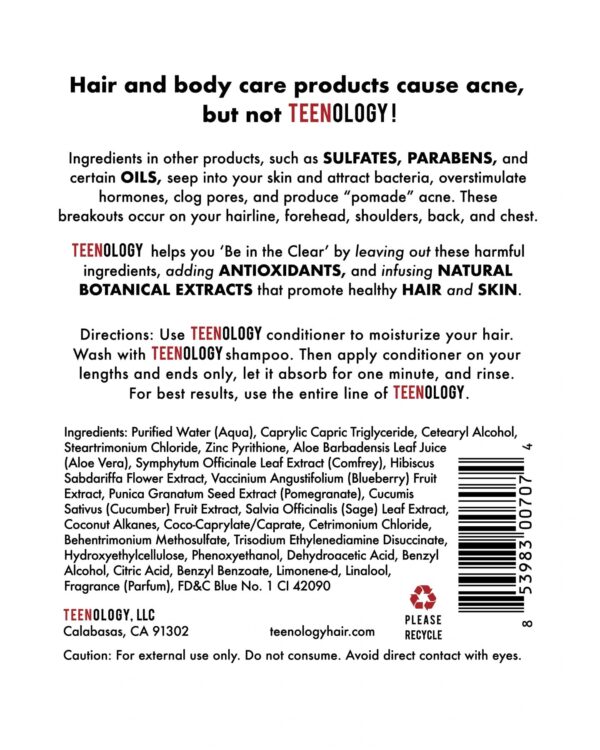 Teenology Conditioner for Teens - Avoid Forehead and Body Acne - Sulfate and Paraben Free, Noncomedogenic, Natural Botanical Extracts, Blueberry Pomeg - Image 2