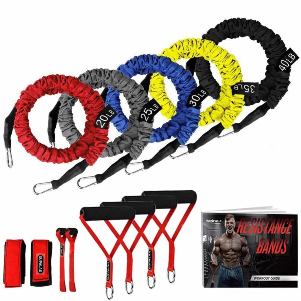Resistance Bands, 15 Pieces Exercise Elastic Bands Set, 20lbs to 40lbs Resistance Tubes with Heavy Duty Protective Nylon Sleeves Anti-Snap for Fitness