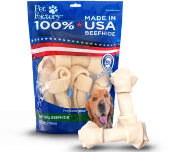 Pet Factory 100% Made in USA Beefhide 6-7″ Knotted Bones Dog Chew Treats – Natural Flavor, 8 Count/1 Pack