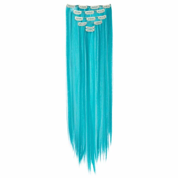 SWACC 7 Pcs Full Head Party Highlights Clip on in Hair Extensions Colored Hair Streak Synthetic Hairpieces (22-Inch Straight, Teal Blue) - Image 3
