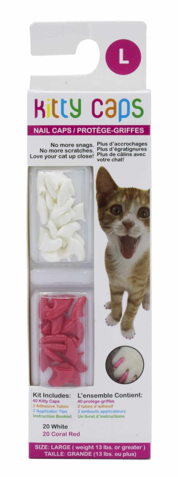 Kitty Caps Nail Caps for Cats Safe, Stylish & Humane Alternative to Declawing Stops Snags and Scratches, Large (13 lbs or greater), Pure White & Coral