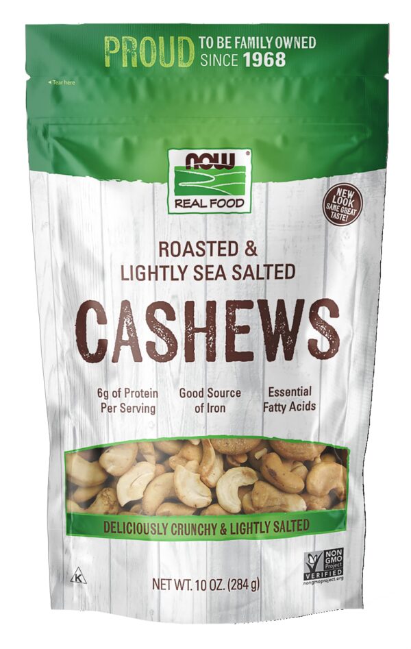 NOW Foods, Cashews, Roasted and Salted, Rich Buttery Flavor, Source of Protein and Healthy Fatty Acids, Certified Non-GMO, 10-Ounce (Packaging May Var