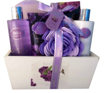 Spa Gift Basket with Lavender Fragrance and Lilac Color – Bath and Body Set Includes Shower Gel, Body Lotion, Hand Lotion, Bath Salt, Flower Sponge an